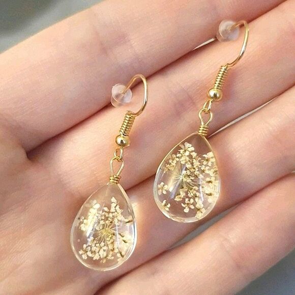 Cottagecore boho dried flower Clear waterdrop glass Dainty Gold Earring 💖2/$30 - Picture 10 of 13